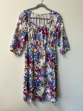 Old Navy Floral A-Line Knee Length Dress 3/4 Sleeve White Multicolor M